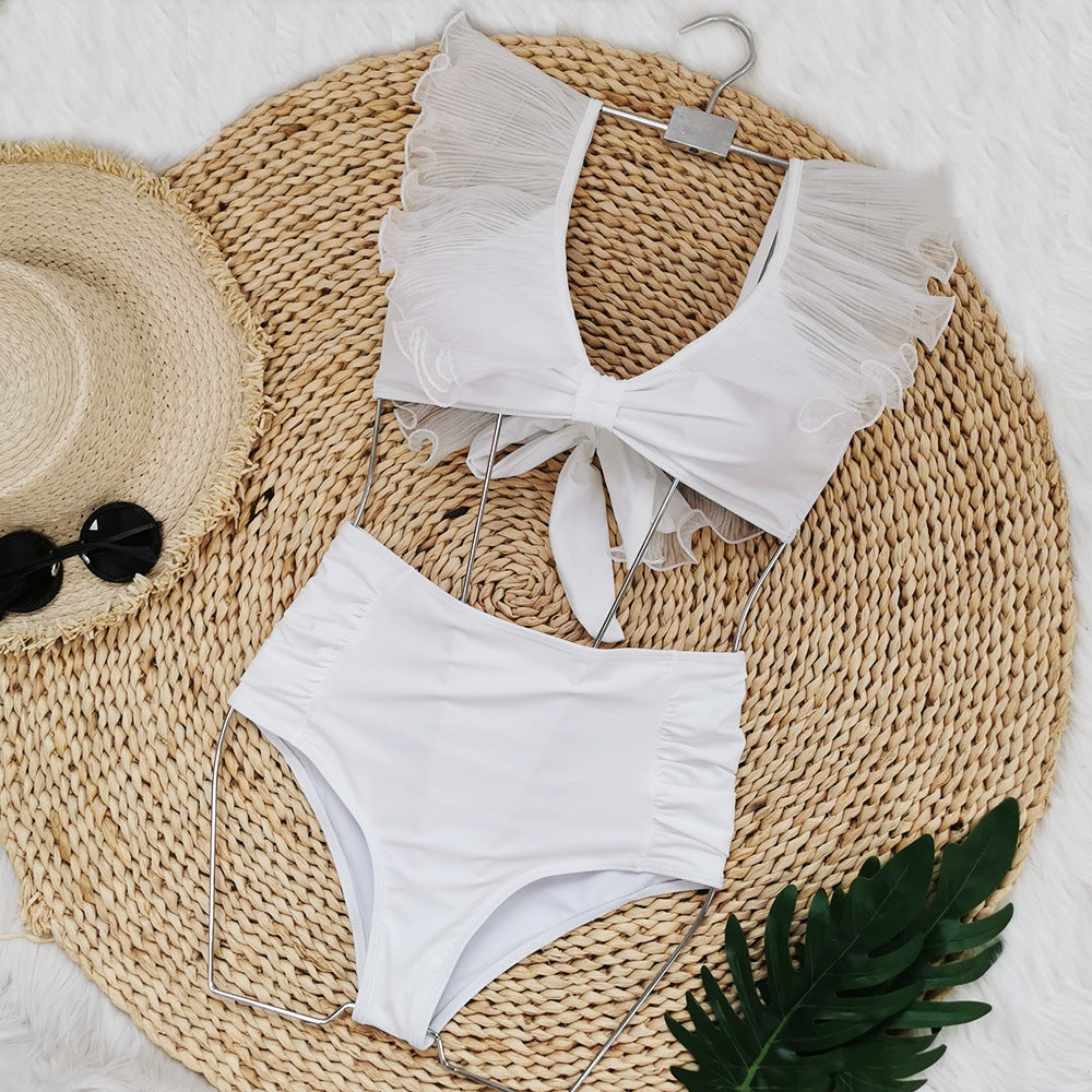 High-Waisted Swimwear Set - Ruffled Tie Front