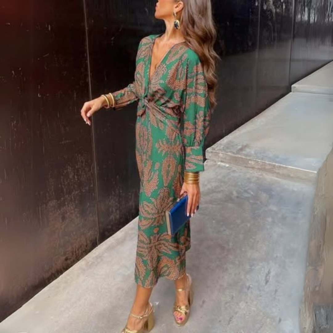 Women's Printed V-Neck Long Sleeve Dress with Knot Waist Detail-83293-c2aa4b38-8cf7-4743-9ead-e7af288d0288