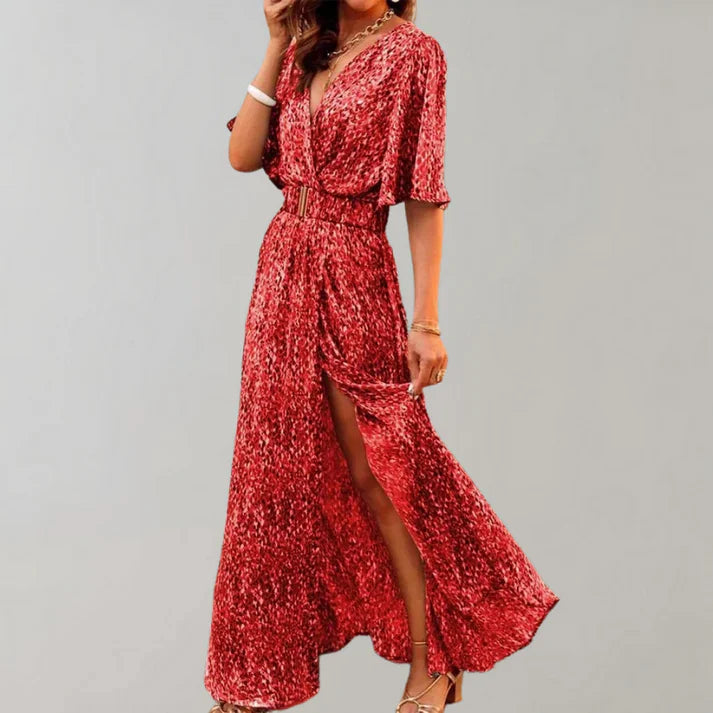V-Neck Maxi Dress – High Slit, Cinched Waist