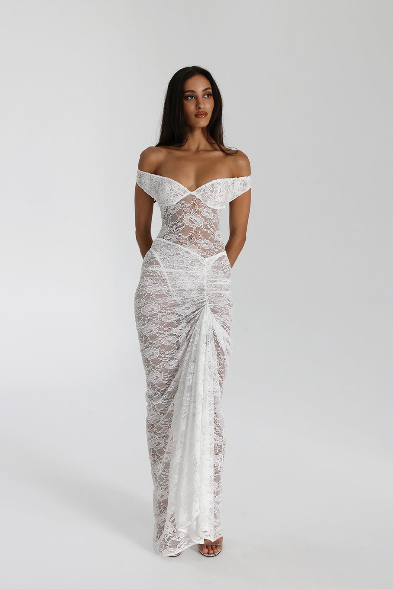 Lace Off-Shoulder Gown - Asymmetrical Hem