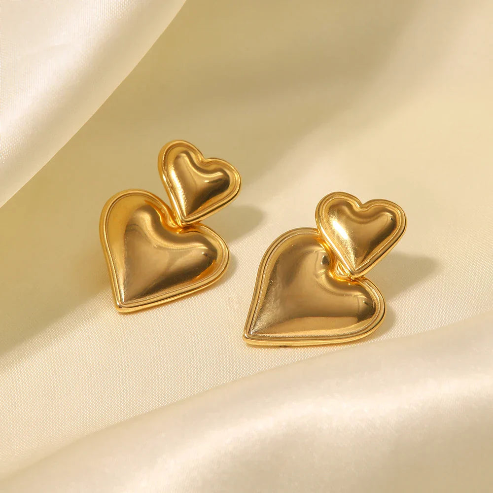 Layered Heart Drop Earrings - Polished Finish
