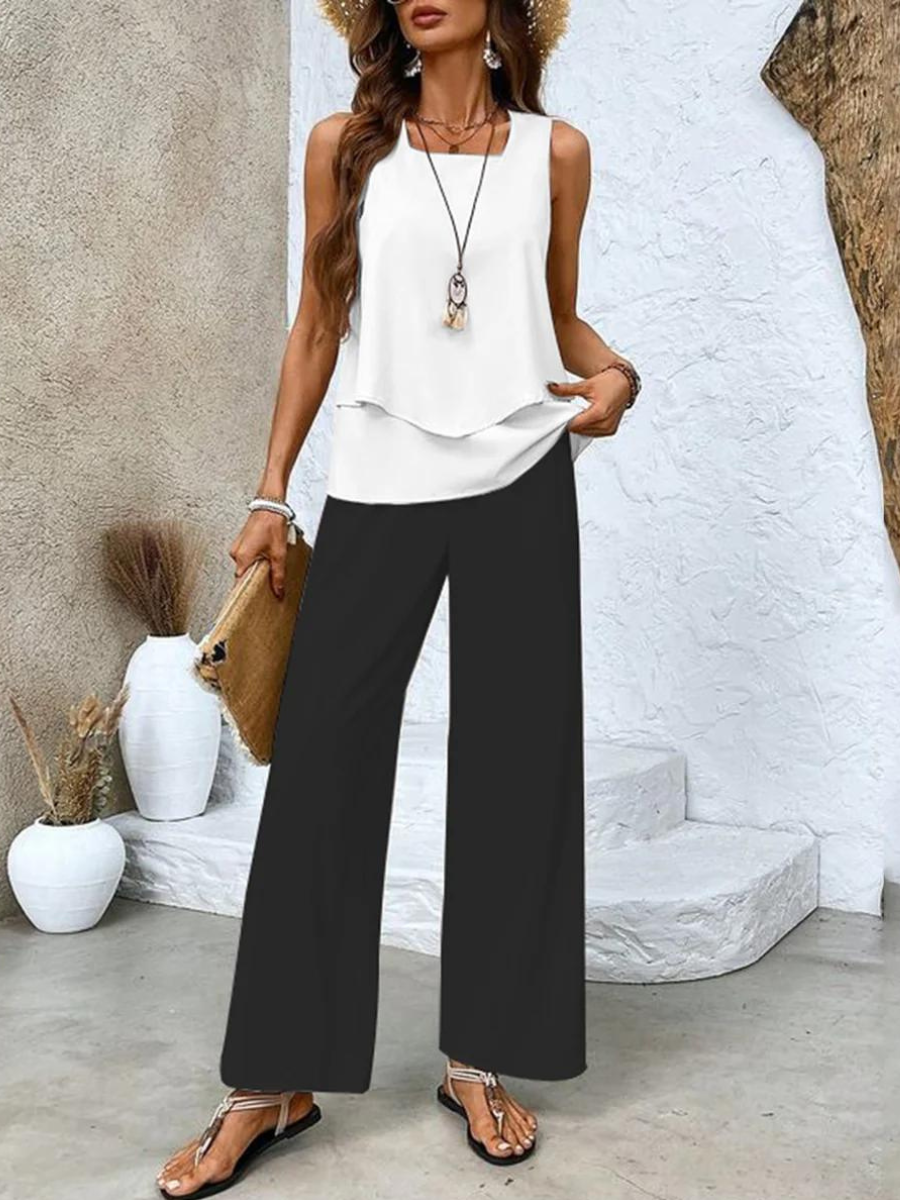 Patterned Two-Piece Set - Wide-Leg Pants
