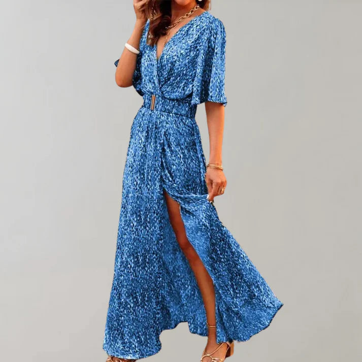V-Neck Maxi Dress – High Slit, Cinched Waist
