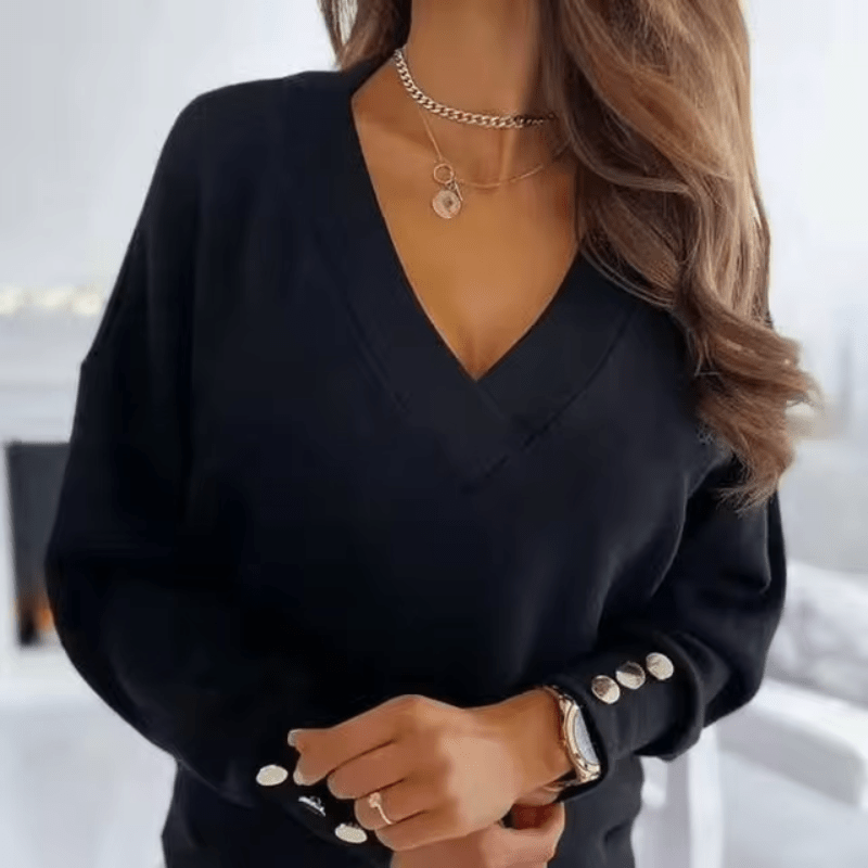 Cropped V-Neck Top – Oversized Buttoned Sleeves