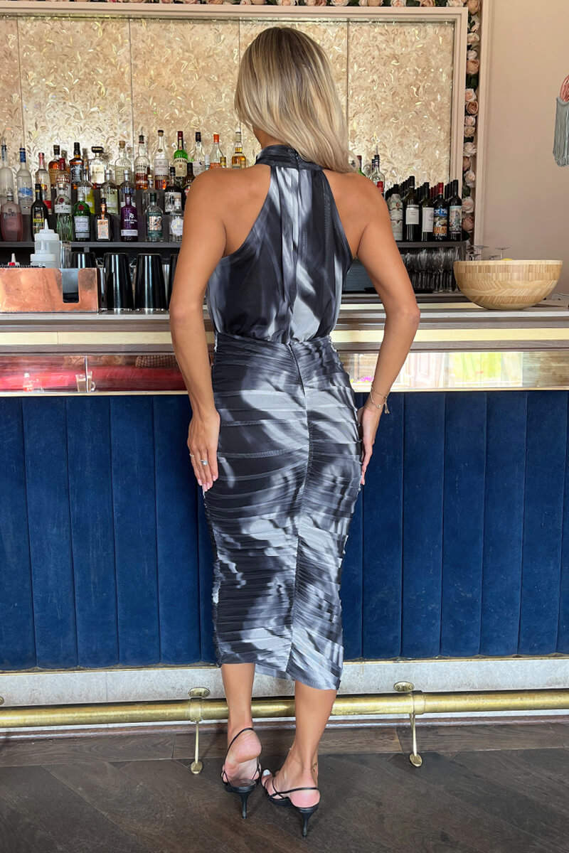 Halter Midi Dress - Fitted Waist, Side Slit