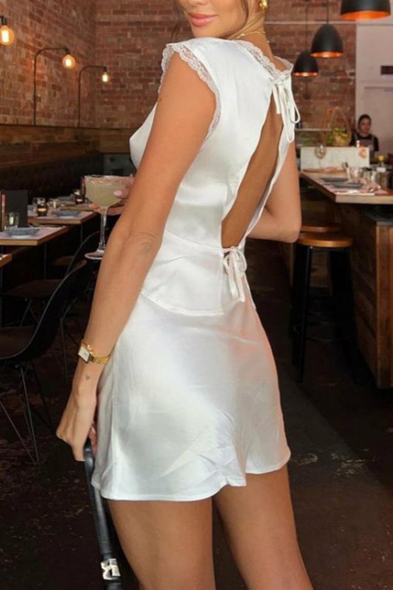 Lace Trim Satin V-Neck Mini Dress