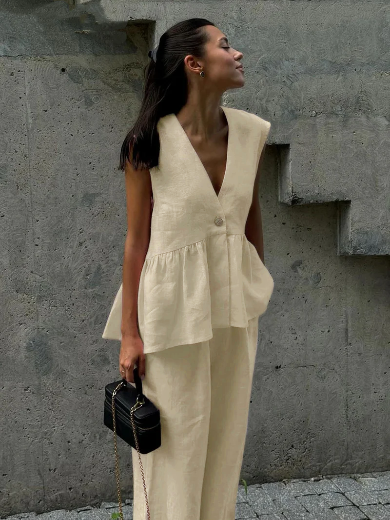 Basicfold Women's Linen Two-Piece Set – Sleeveless V-Neck Top & Wide-Leg Pants-83272-c7b9376a-e9aa-4294-a754-0fe2a3d92b64