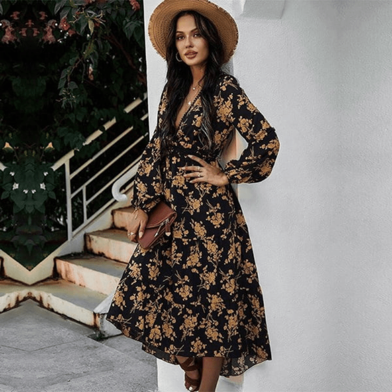 Floral V-Neck Black Dress - Asymmetrical Hem