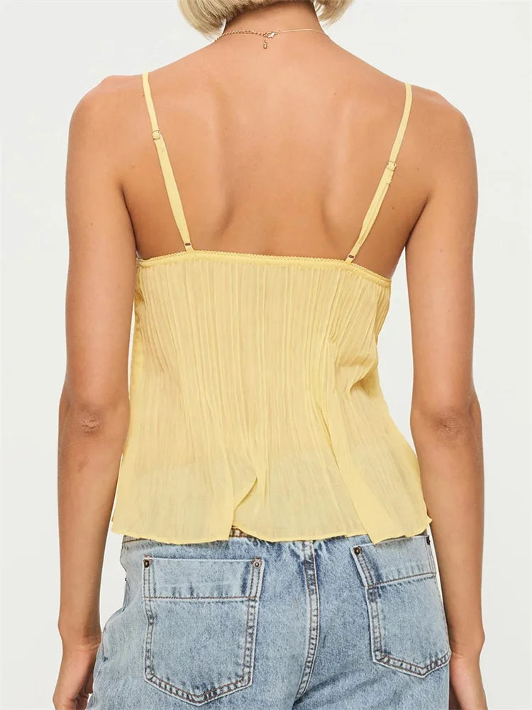 Women's Yellow Cami Top – Delicate Lace Detail, Pleated Fabric-83482-ca50d6e5-87e6-4e2c-abd2-1fdc5159a73d