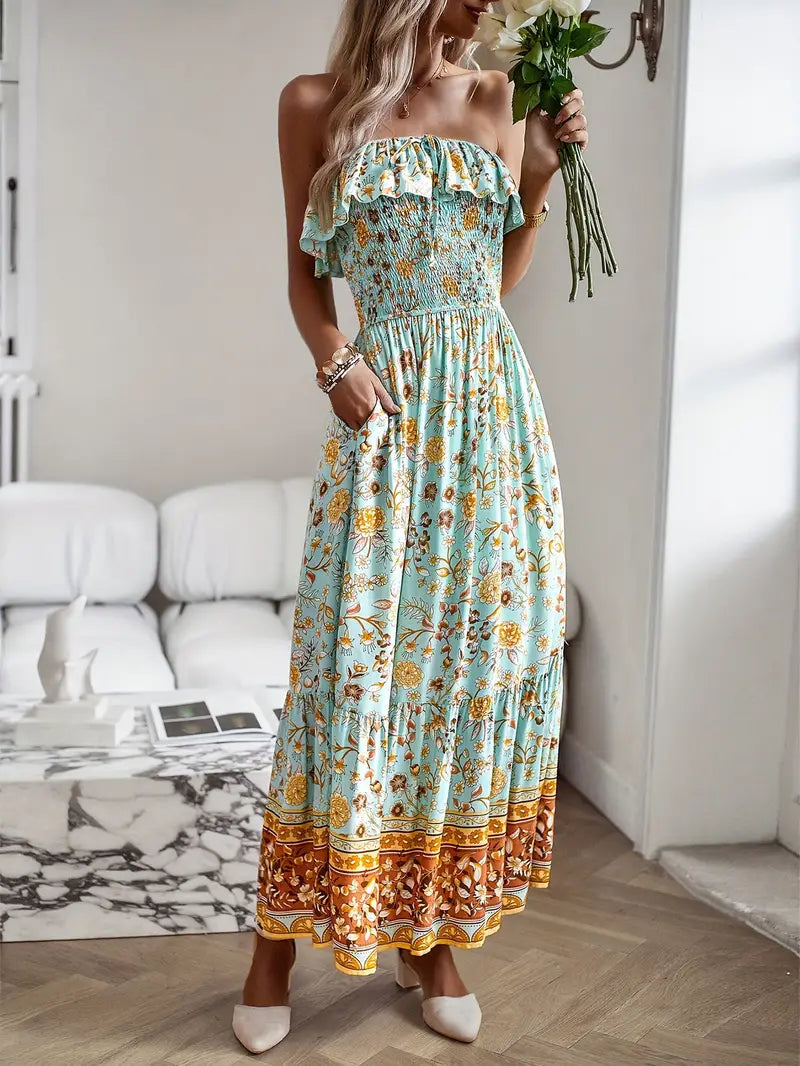 Floral Print Midi Dress - Strapless with Slit