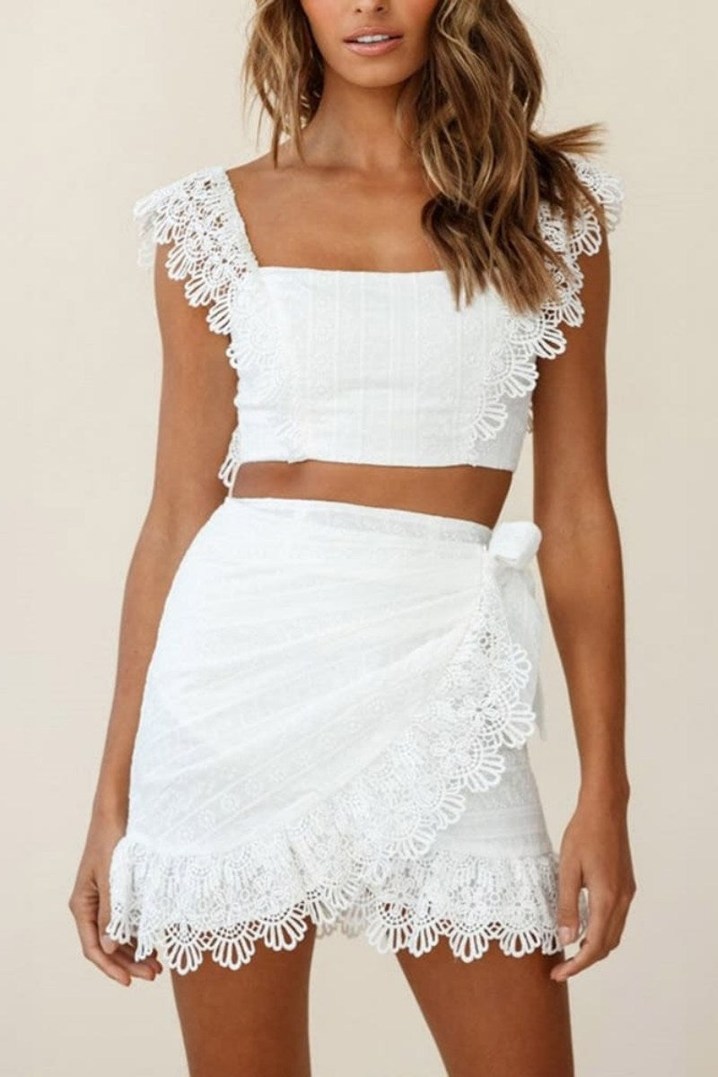 Lace Trim Two-Piece Set with Wrap Skirt