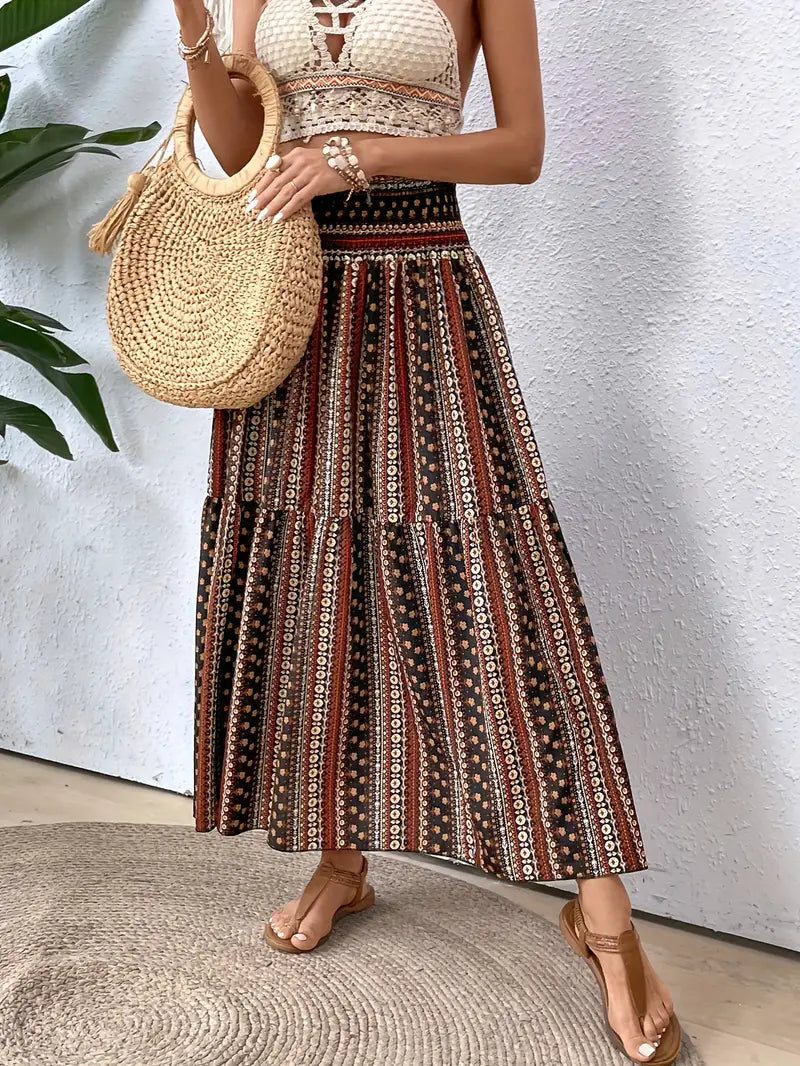 Bohemian Patterned A-Line Midi Skirt