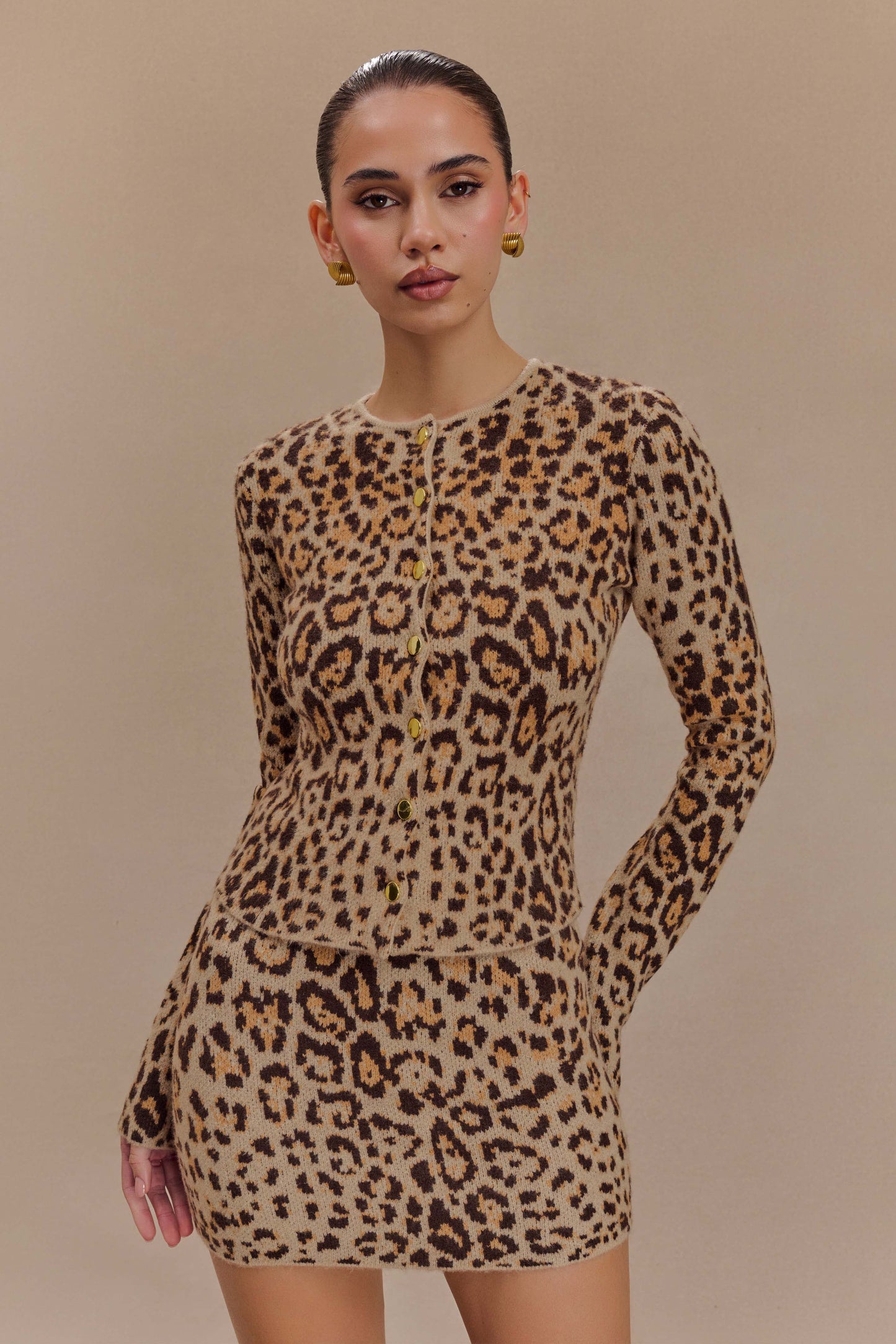 Leopard Knit Mini Skirt Set - Gold Buttons