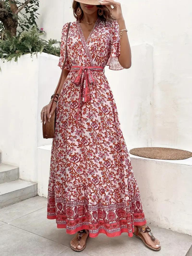 Maxi Dress Floral Print V-Neck Tie Waist Short Sleeve Flowy Bohemian Summer Dress-82359-cbf45d40-b9b3-4268-9aa5-1d443d8c88f8