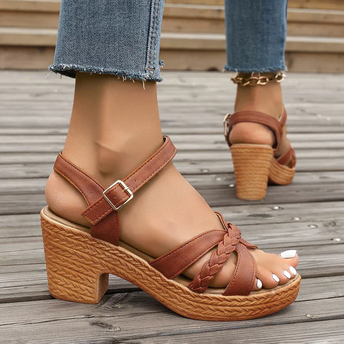Woven Platform Sandals - Wedge Heel, Ankle Strap