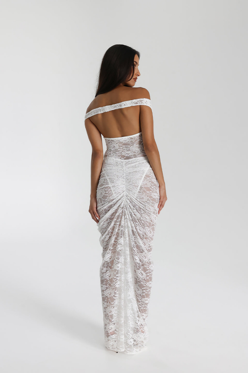 Lace Off-Shoulder Gown - Asymmetrical Hem