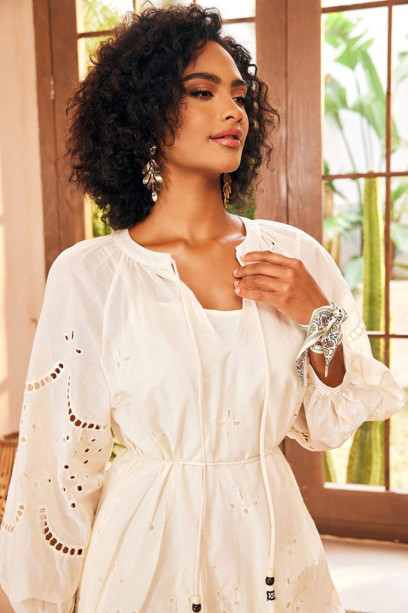 Eyelet Midi Dress with Drawstring Waist