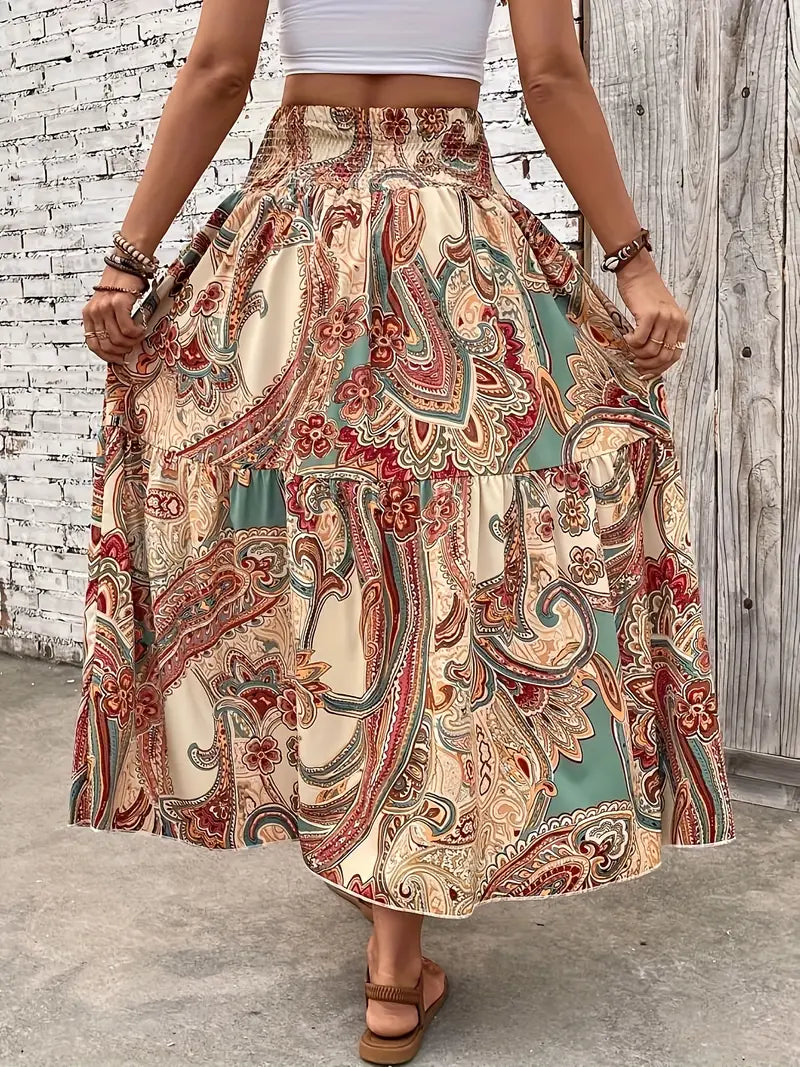 Bohemian Patterned A-Line Midi Skirt
