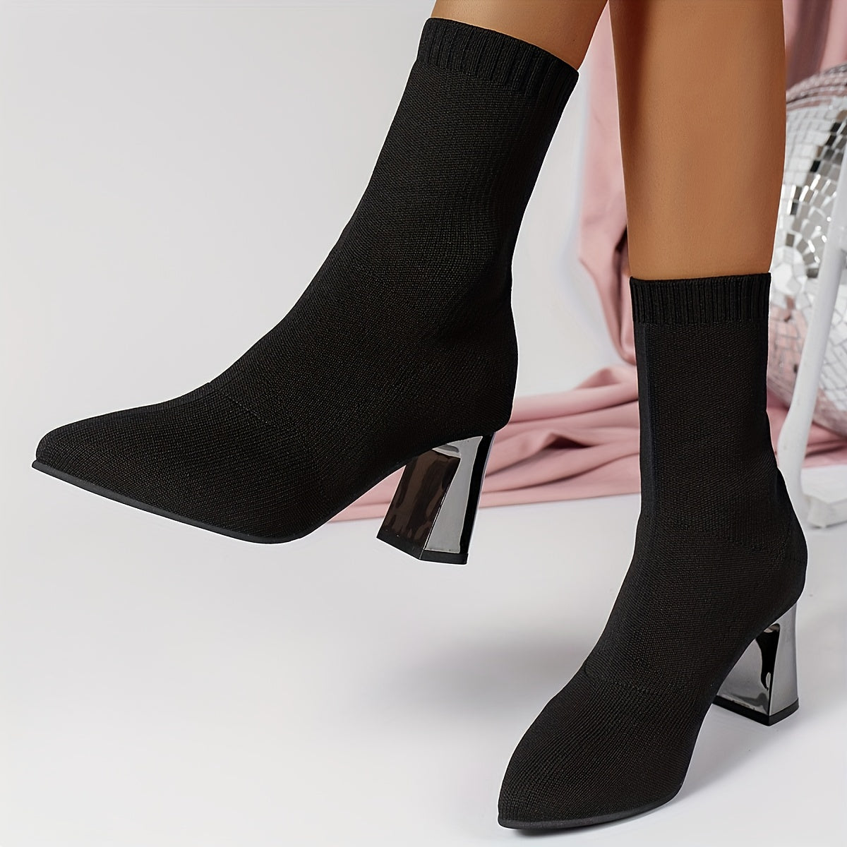 Knit Ankle Boots with Geometric Heel