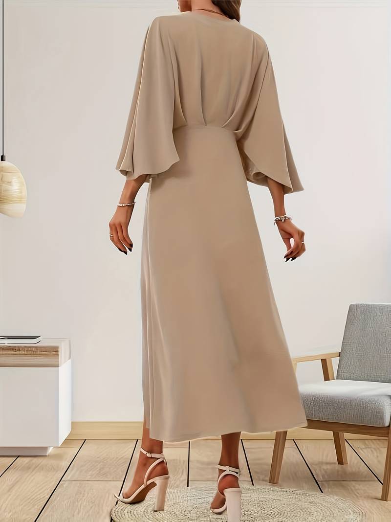 Bell Sleeve Dress - V-Neck Midi with Slit