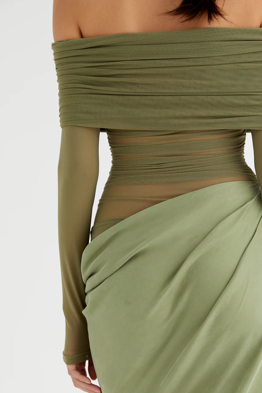 Sheer Sleeve Draped Skirt Occasion Gown