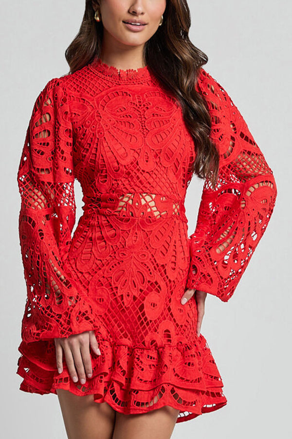 Women's Lace Long Sleeve Dress – Cutout, Ruffled Hem, Elegant-83325-d1845d74-e921-4319-9ab2-b287cf2ea0be