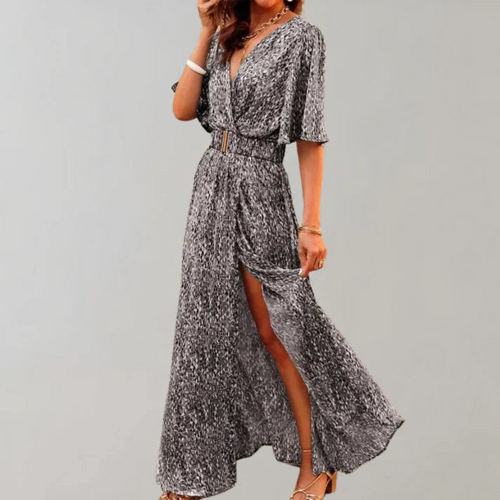 V-Neck Maxi Dress – High Slit, Cinched Waist
