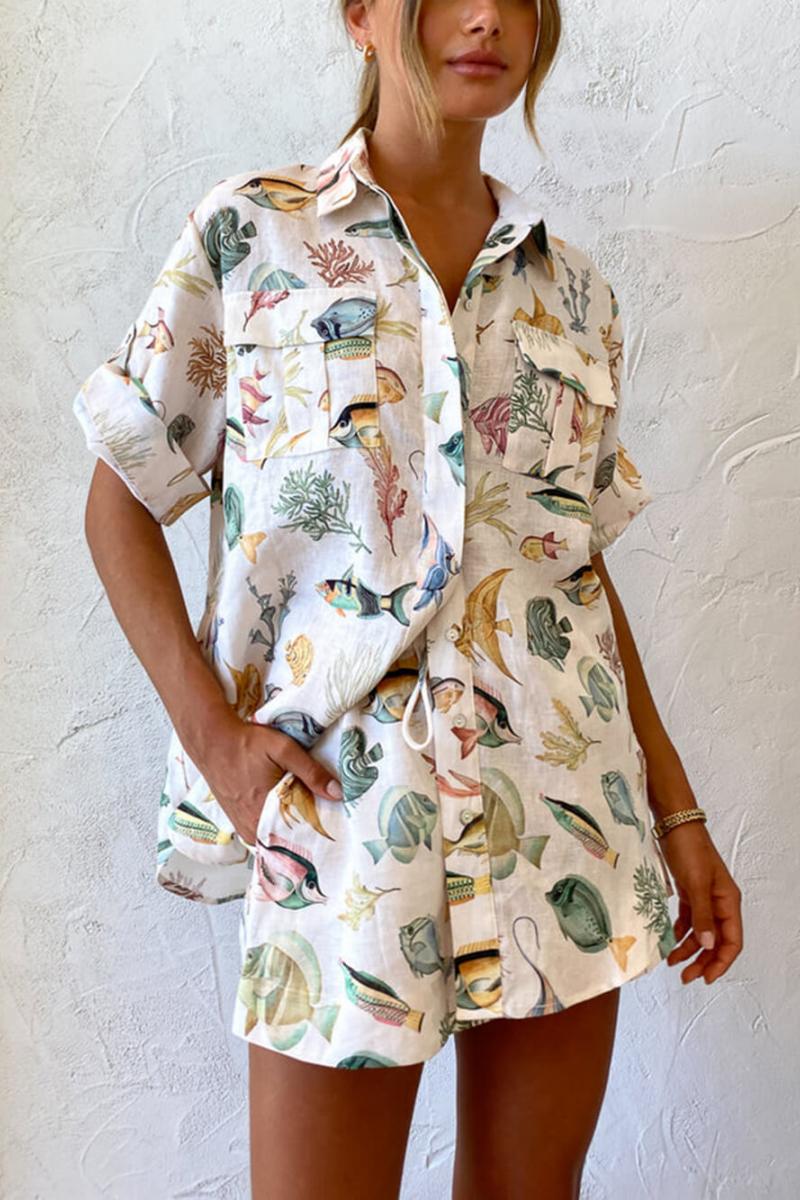 Fish Print Linen Shirt & Shorts Set