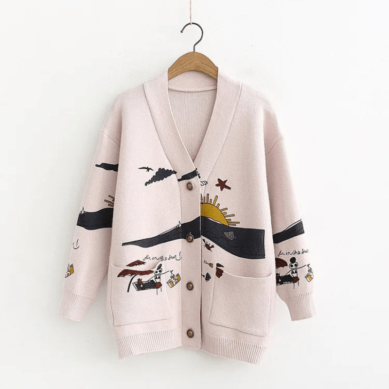Embroidered Oversized Cardigan with Pockets