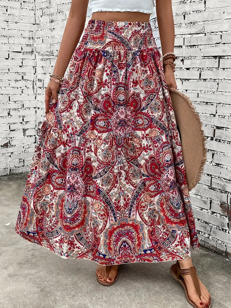 Bohemian Patterned A-Line Midi Skirt