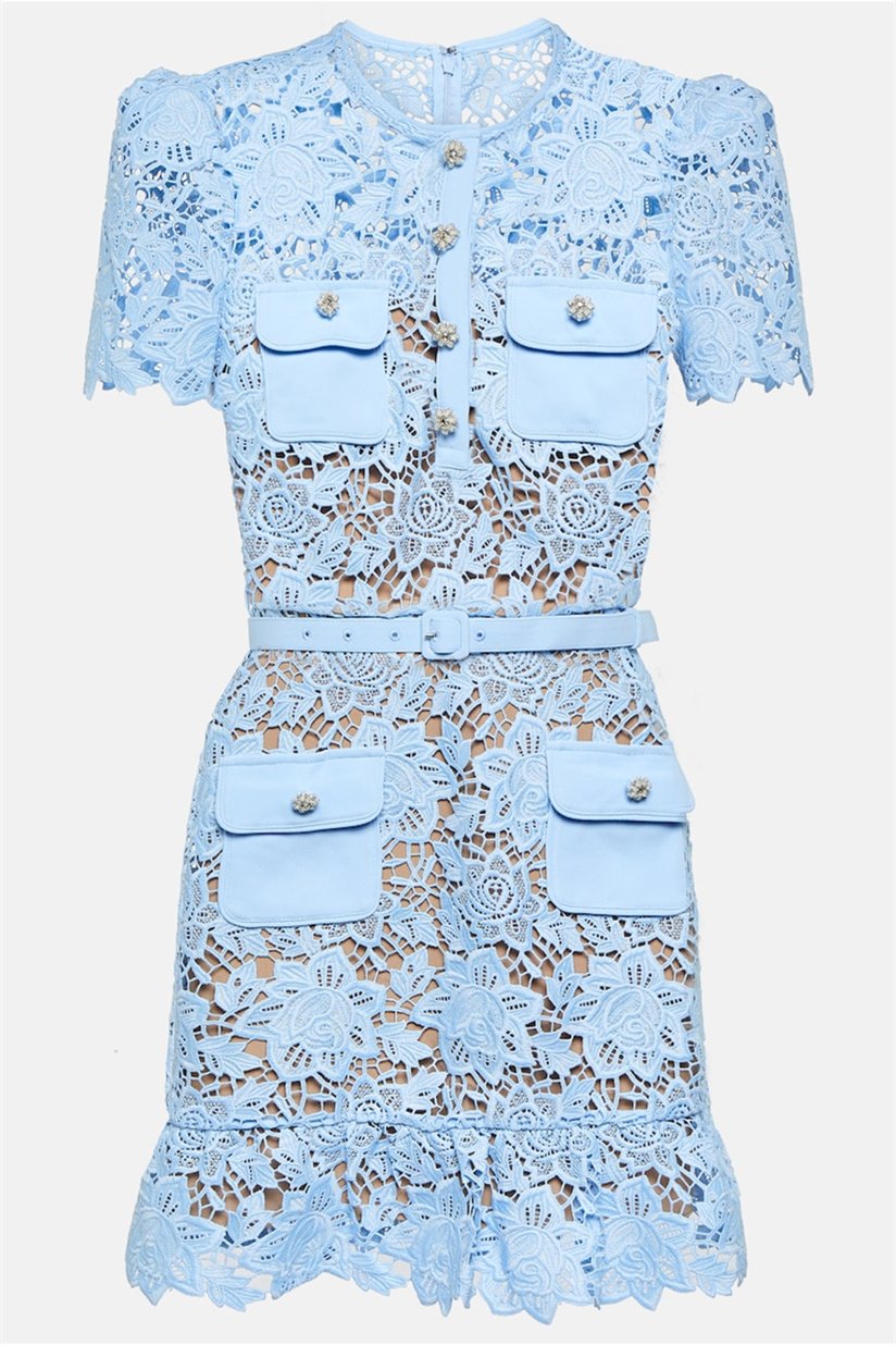 Lace Dress with Belted Waist and Puffed Sleeves