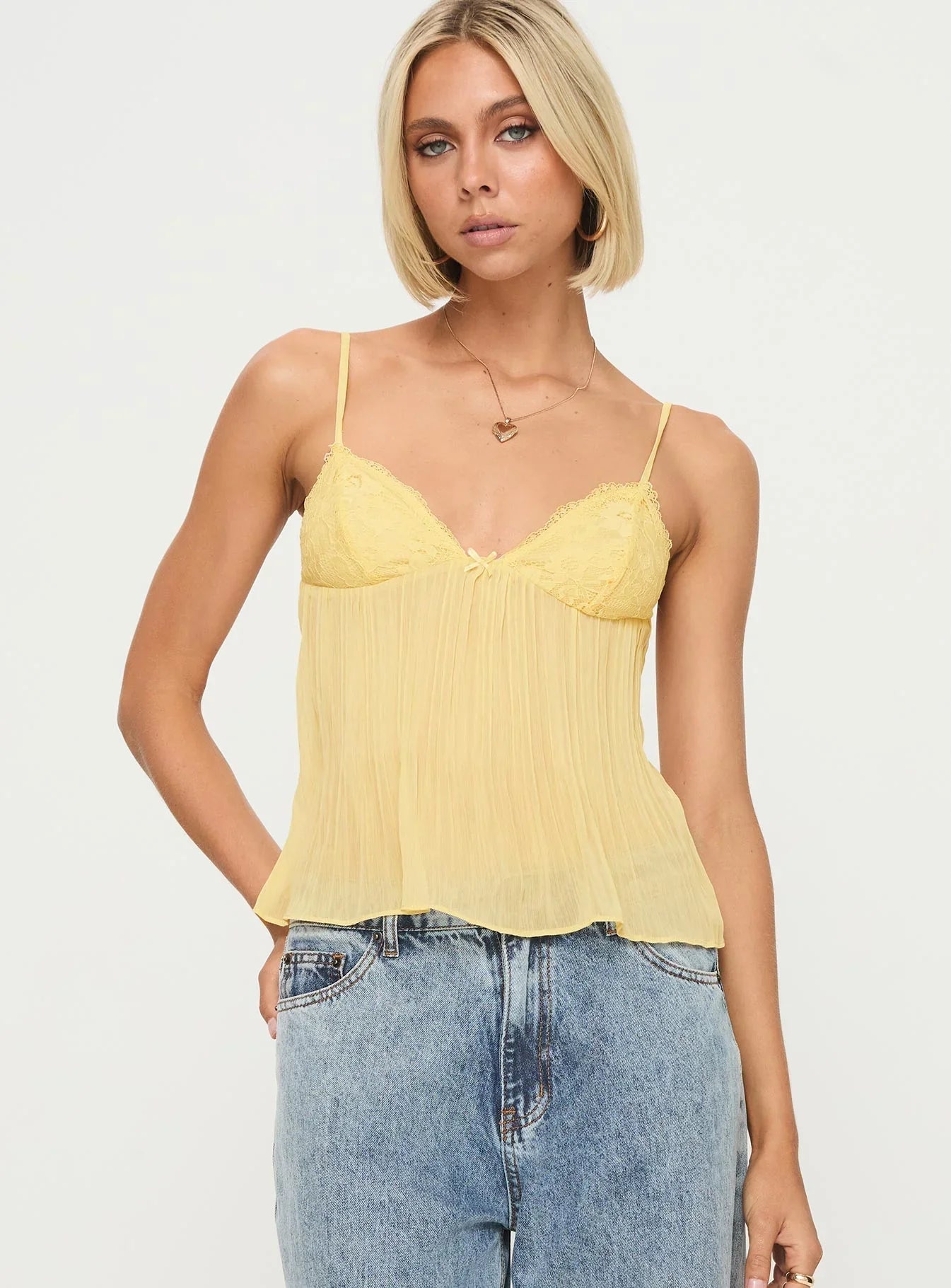 Women's Yellow Cami Top – Delicate Lace Detail, Pleated Fabric-83482-d6090cfd-ab6b-4bad-94c0-164ab1de4126