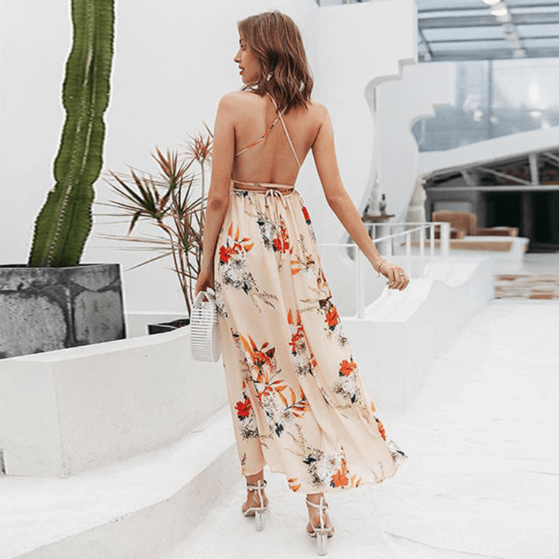 Floral Maxi Dress - Plunge Neck High Slit