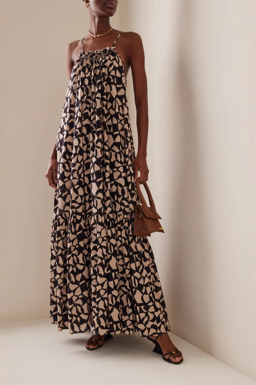 Geometric Halter Maxi Dress - Tiered Skirt