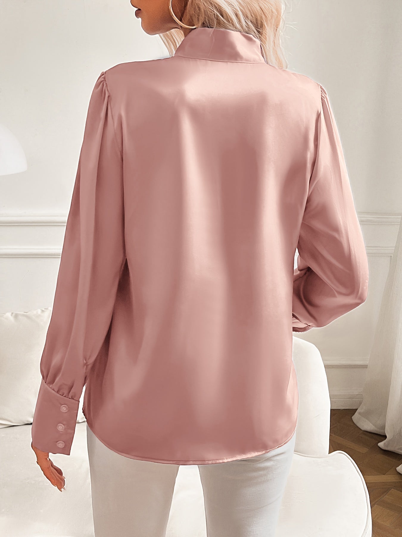 Bow Neckline Blouse with Cuffed Sleeves
