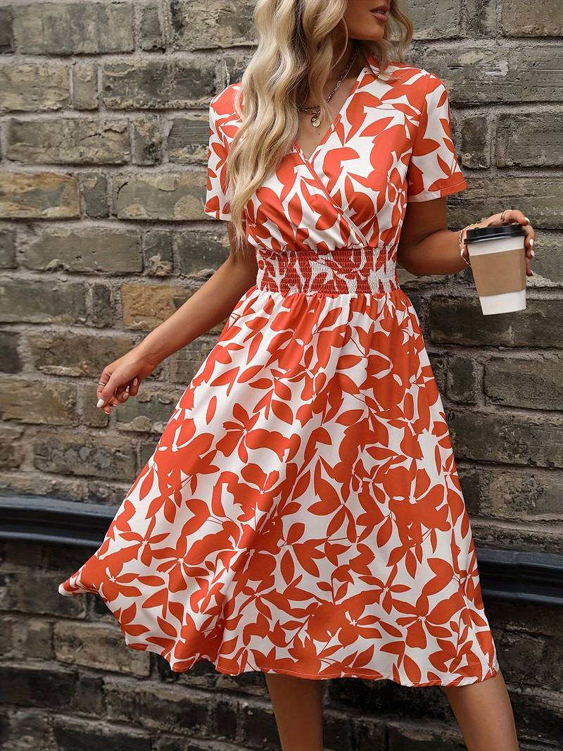 Floral Midi Dress - V-Neck & Elastic Waist