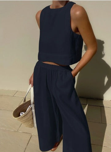 Sleeveless Crop Top with Wide-Leg Pants