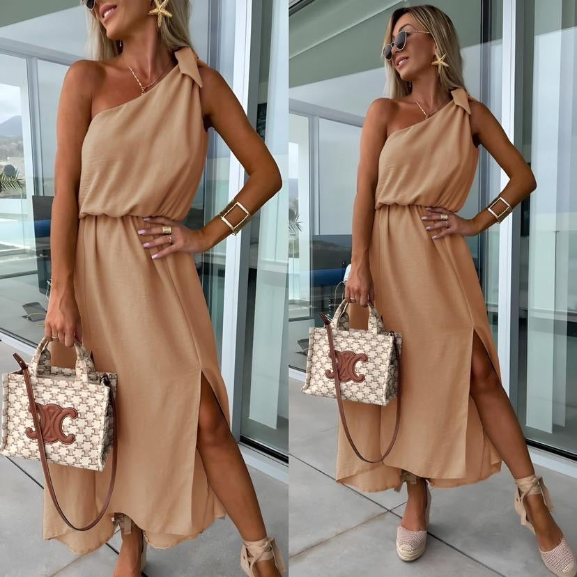 Women's One-Shoulder Maxi Dress – Asymmetrical Neckline, Side Slit, Waist Tie-83342-df419138-a2a1-4594-a750-a1a5316c81b1