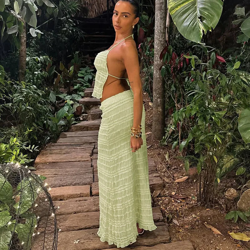 Women's Two-Piece Outfit – Gathered Halter Top & Midi Skirt with Drawstring Waist, Matching Set-83709-df45448c-d422-458b-bd47-f97e5124c830