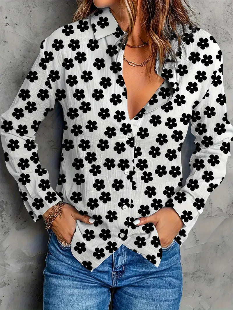 Floral Button-Down Blouse - Lightweight Cotton Blend