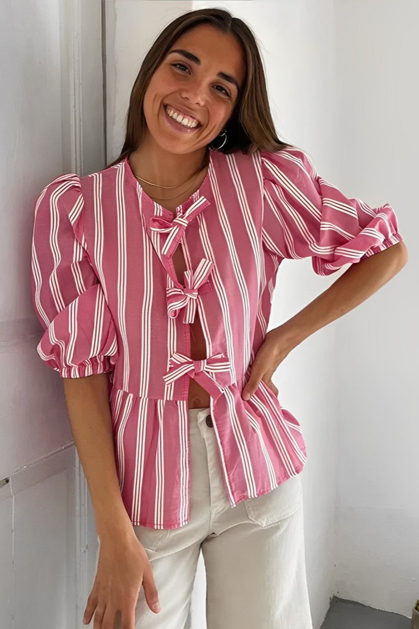 Basicfold Women's Pink White Striped Blouse with Bow Detail, Short Sleeve-83300-dfee227f-12fe-4beb-9804-bbb1bcfd82fe