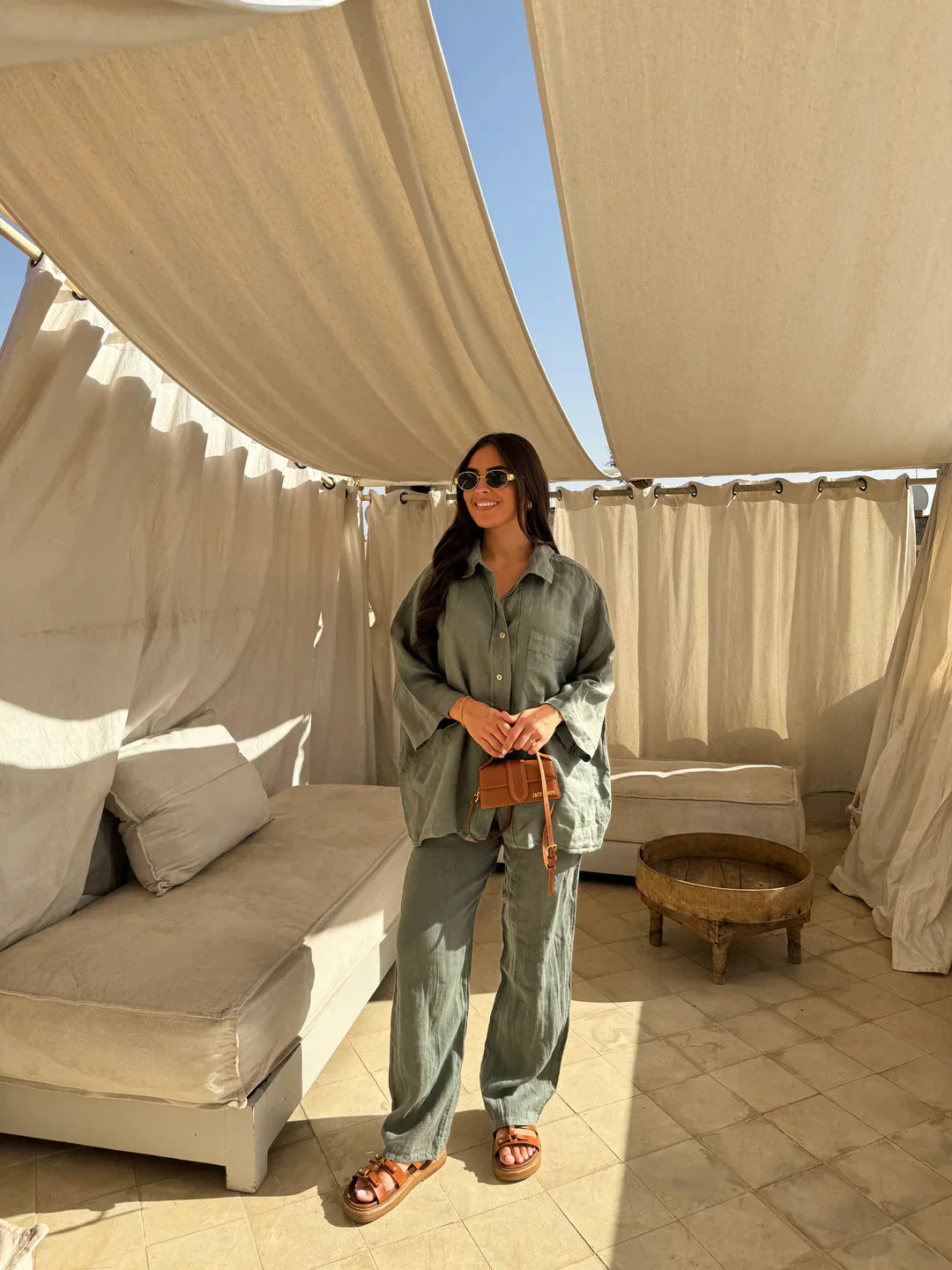 Women's Linen Two-Piece Outfit – Relaxed Button-Down Shirt & Pants Set, Basicfold-82126-e0997b0f-e546-4397-a191-3aeb6d759500