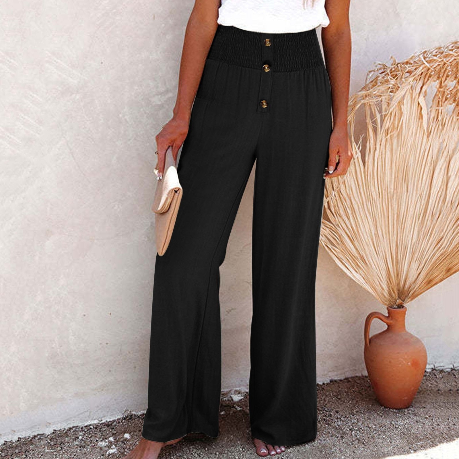 Wide-Leg Pants - High-Waisted with Button Detail