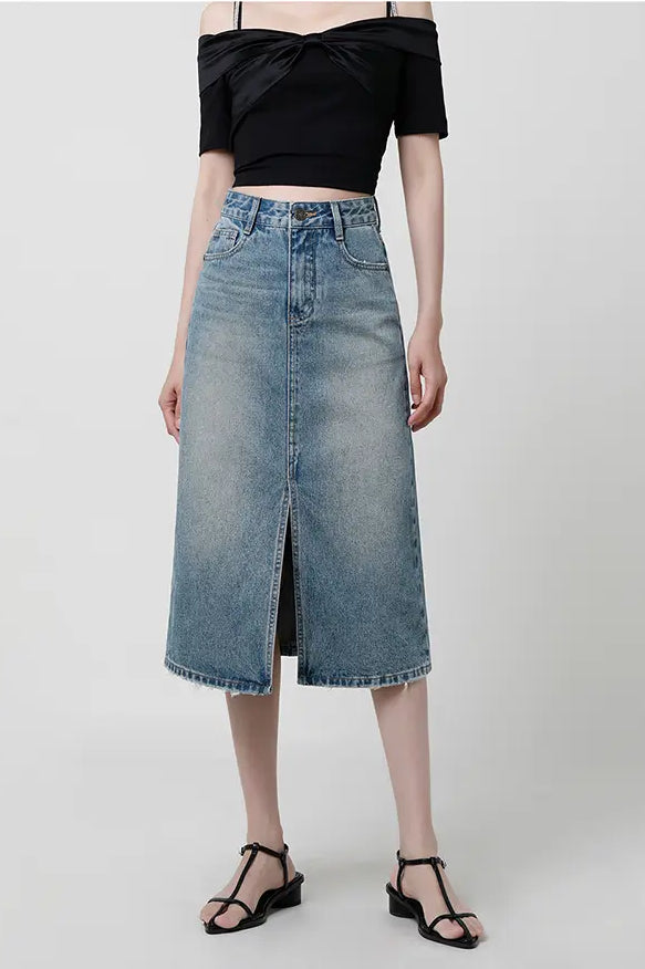 Vintage Wash Midi Skirt with Front Slit