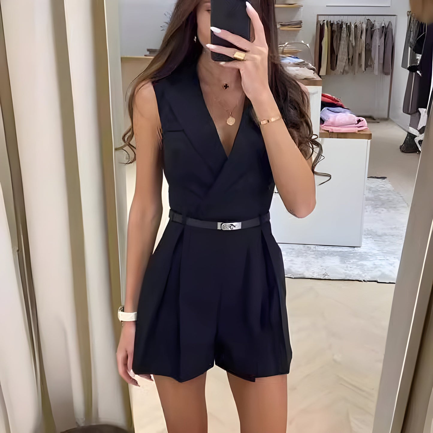 Sleeveless V-Neck Romper Dress with Belt