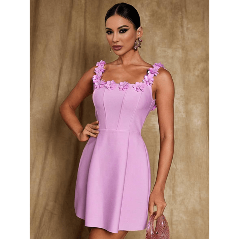 Floral Strap Mini Dress - Fitted Bodice Pockets