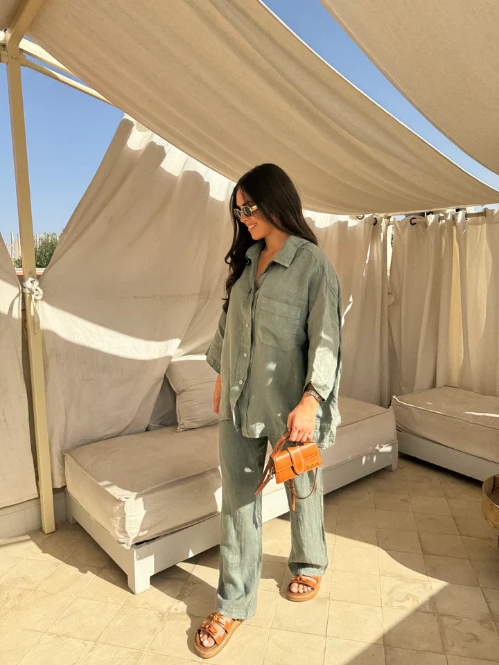 Women's Linen Two-Piece Outfit – Relaxed Button-Down Shirt & Pants Set, Basicfold-82126-e309de9a-6e4c-4f25-885b-13fae0f03f4e