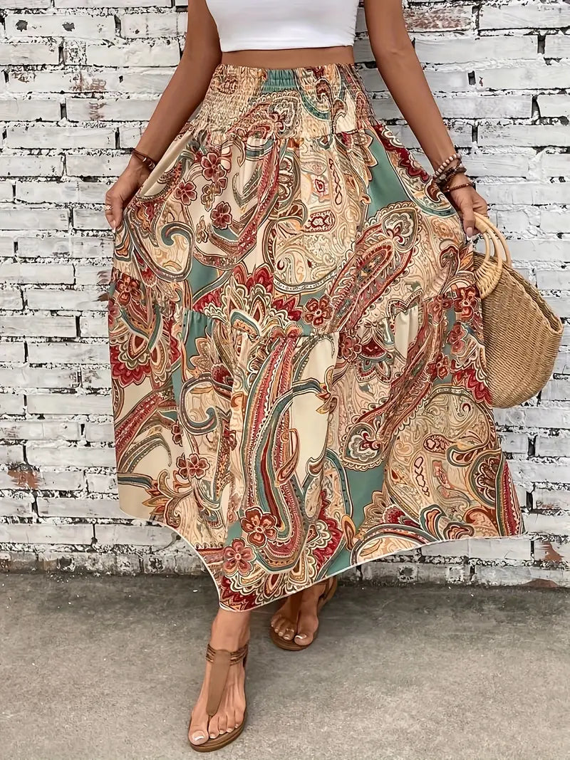 Bohemian Patterned A-Line Midi Skirt