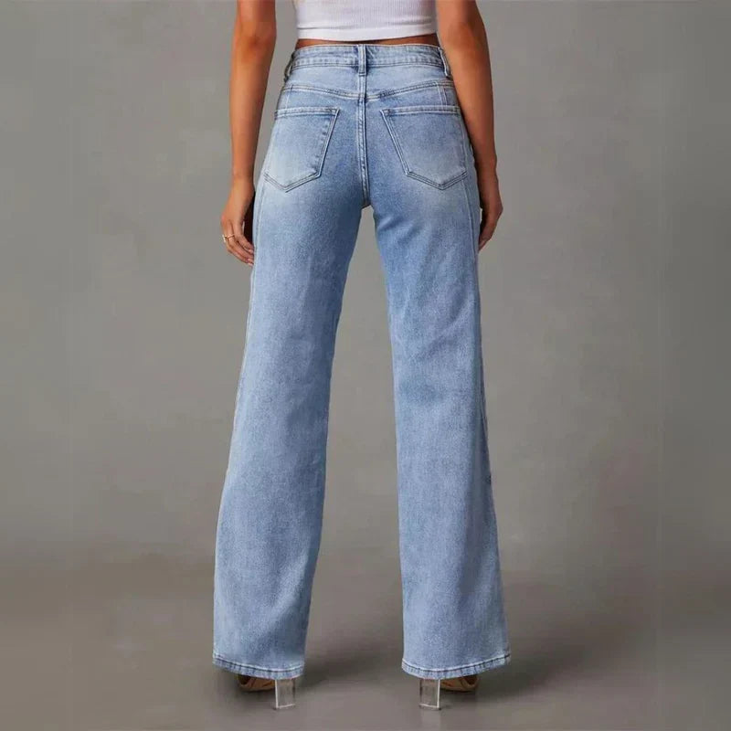 High-Waisted Wide Leg Jeans - Light Wash Denim