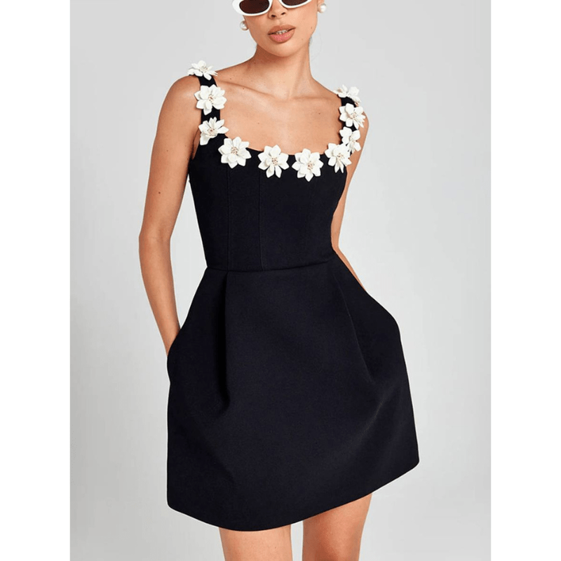 Floral Strap Mini Dress - Fitted Bodice Pockets